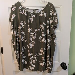 Liz Claiborne Olive Floral Ruffle Sleeve Top